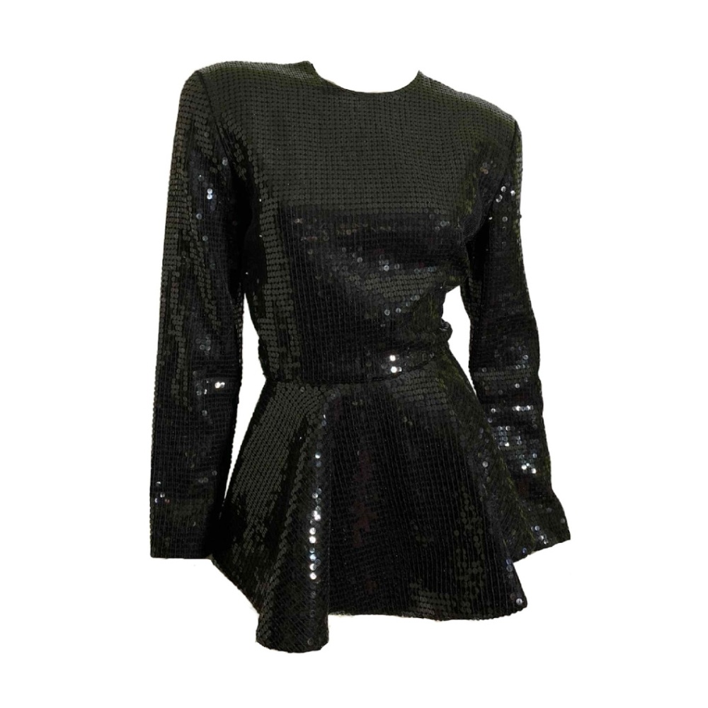 1980s Black Sequined Top Sculpted Peplum Anne Klein 6